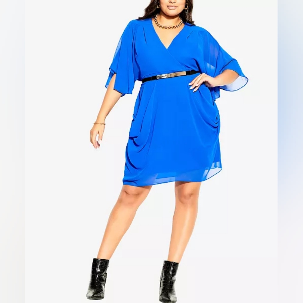 City Chic Draped Faux Wrap Royal Bue Cocktail Dress Size 14W Plus Size